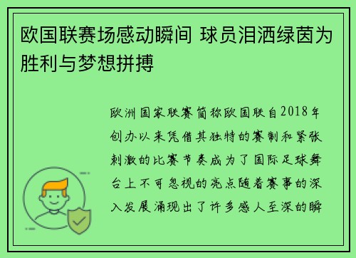 欧国联赛场感动瞬间 球员泪洒绿茵为胜利与梦想拼搏