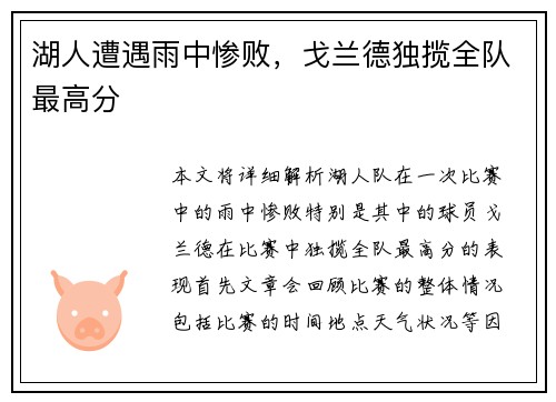 湖人遭遇雨中惨败，戈兰德独揽全队最高分