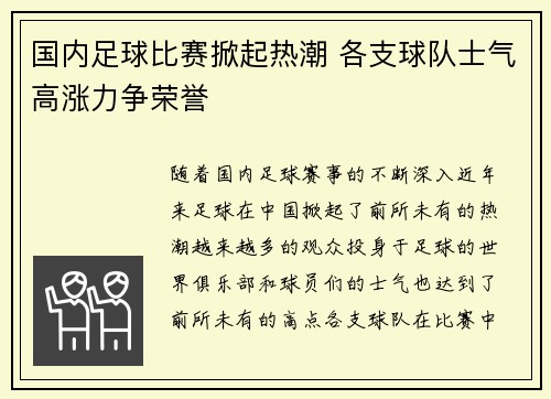 国内足球比赛掀起热潮 各支球队士气高涨力争荣誉